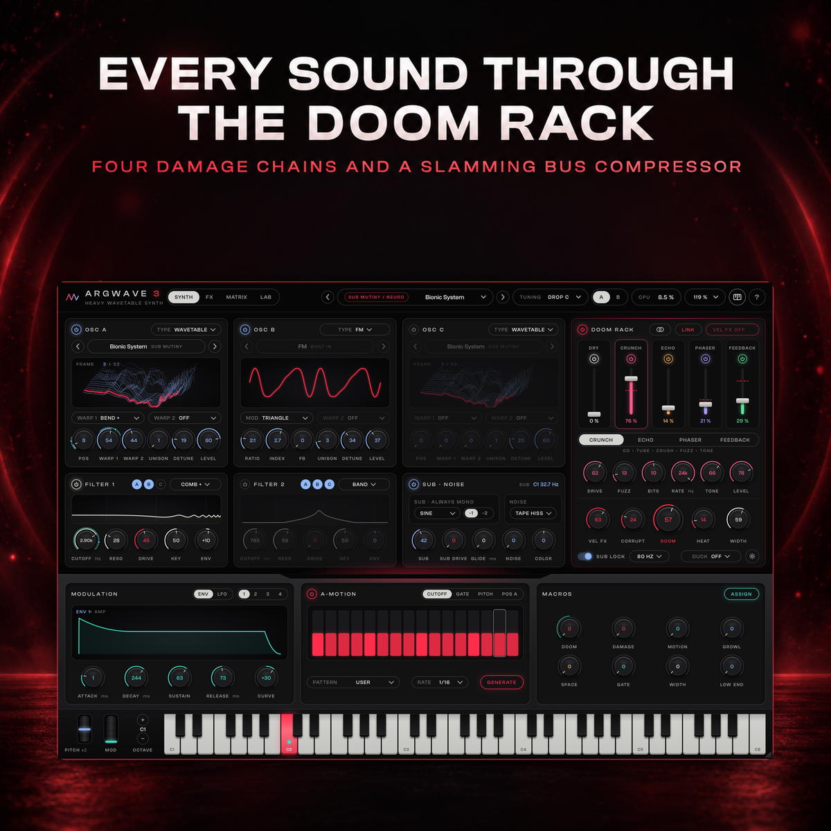 ArgWave 3 playing the Sub Mutiny neuro preset Bionic System through the four DOOM RACK damage chains