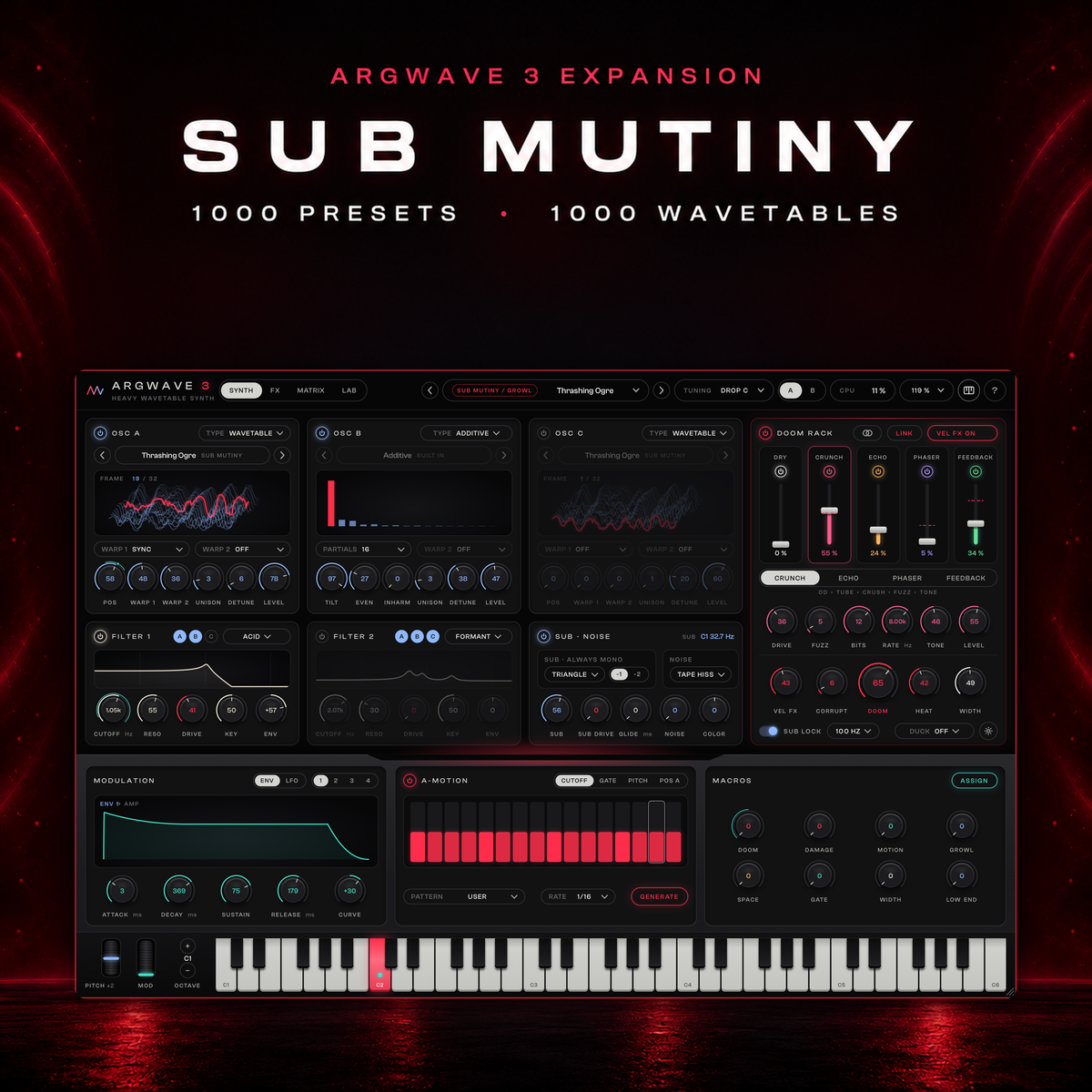 ArgWave 3 playing the Sub Mutiny growl preset Thrashing Ogre, with the DOOM RACK on the right