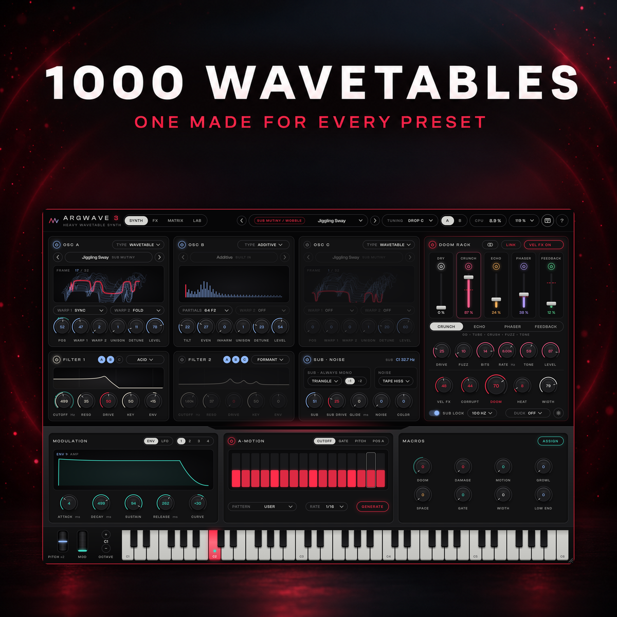 ArgWave 3 playing the Sub Mutiny wobble preset Jiggling Sway with its own moving wavetable