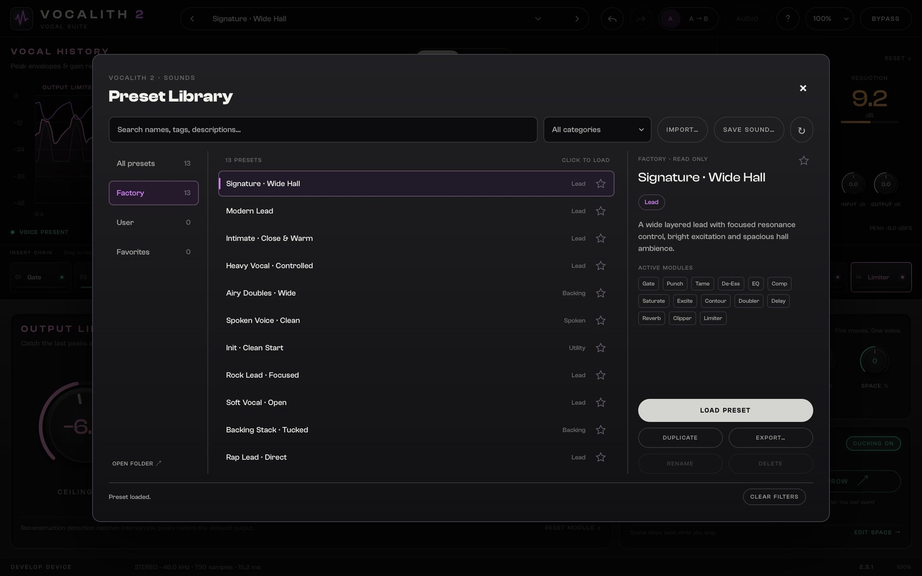 VOCALITH 2 searchable preset library with factory and user sounds, categories, favorites and Save Sound