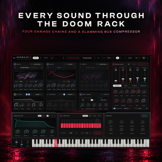 ArgWave 3 playing the Voltage Noir brass preset Triumph Fanfare through the four DOOM RACK damage chains