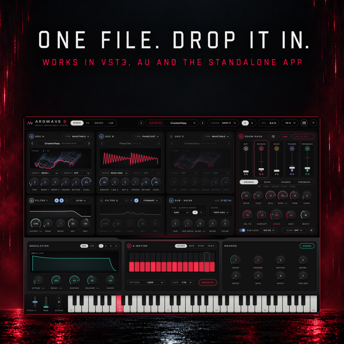 ArgWave 3 playing the Voltage Noir distorted preset Cracked Rasp after the pack file was installed