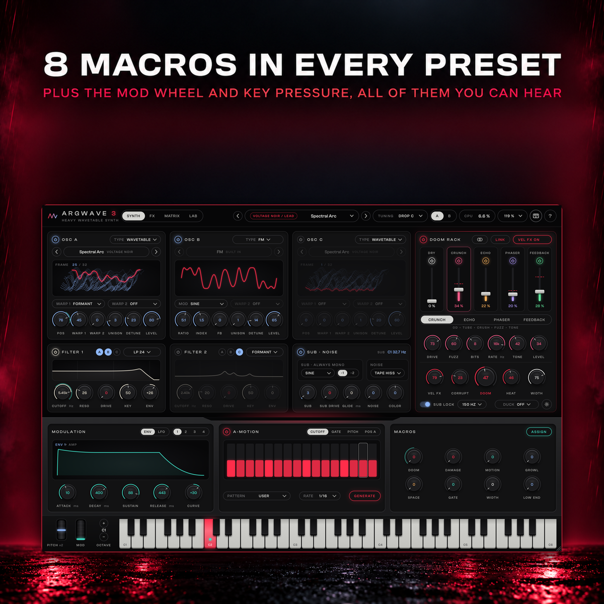 ArgWave 3 with the Voltage Noir lead preset Spectral Arc loaded and its eight macros below