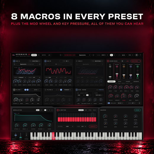 ArgWave 3 with the Voltage Noir lead preset Spectral Arc loaded and its eight macros below