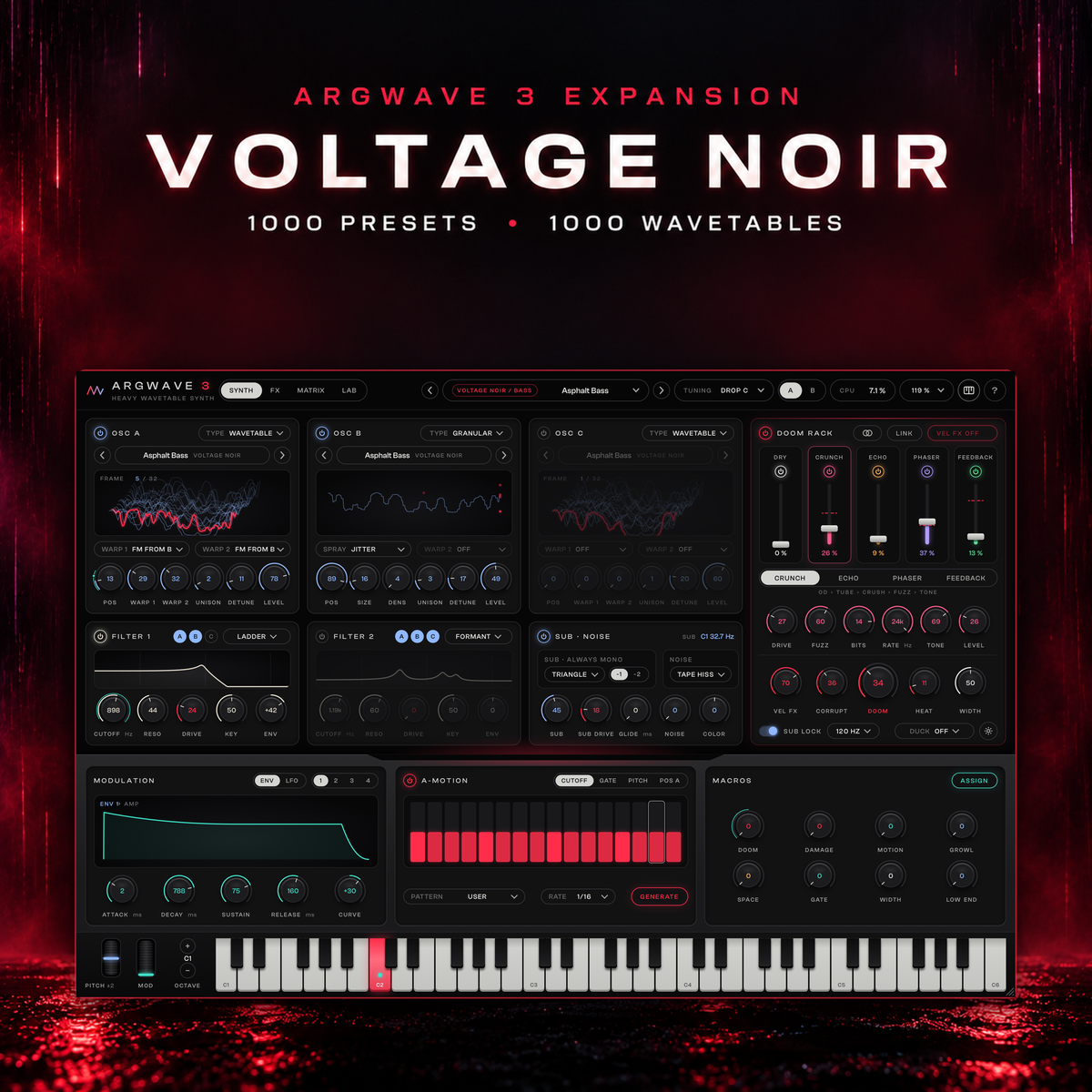 ArgWave 3 playing the Voltage Noir bass preset Asphalt Bass, with the DOOM RACK on the right