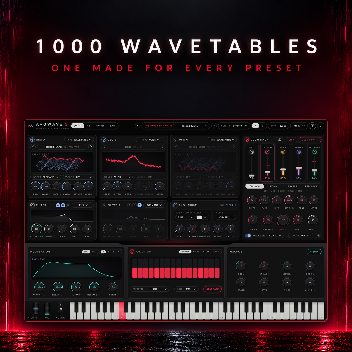 ArgWave 3 playing the Voltage Noir atmosphere preset Flooded Tunnel with its own moving wavetable