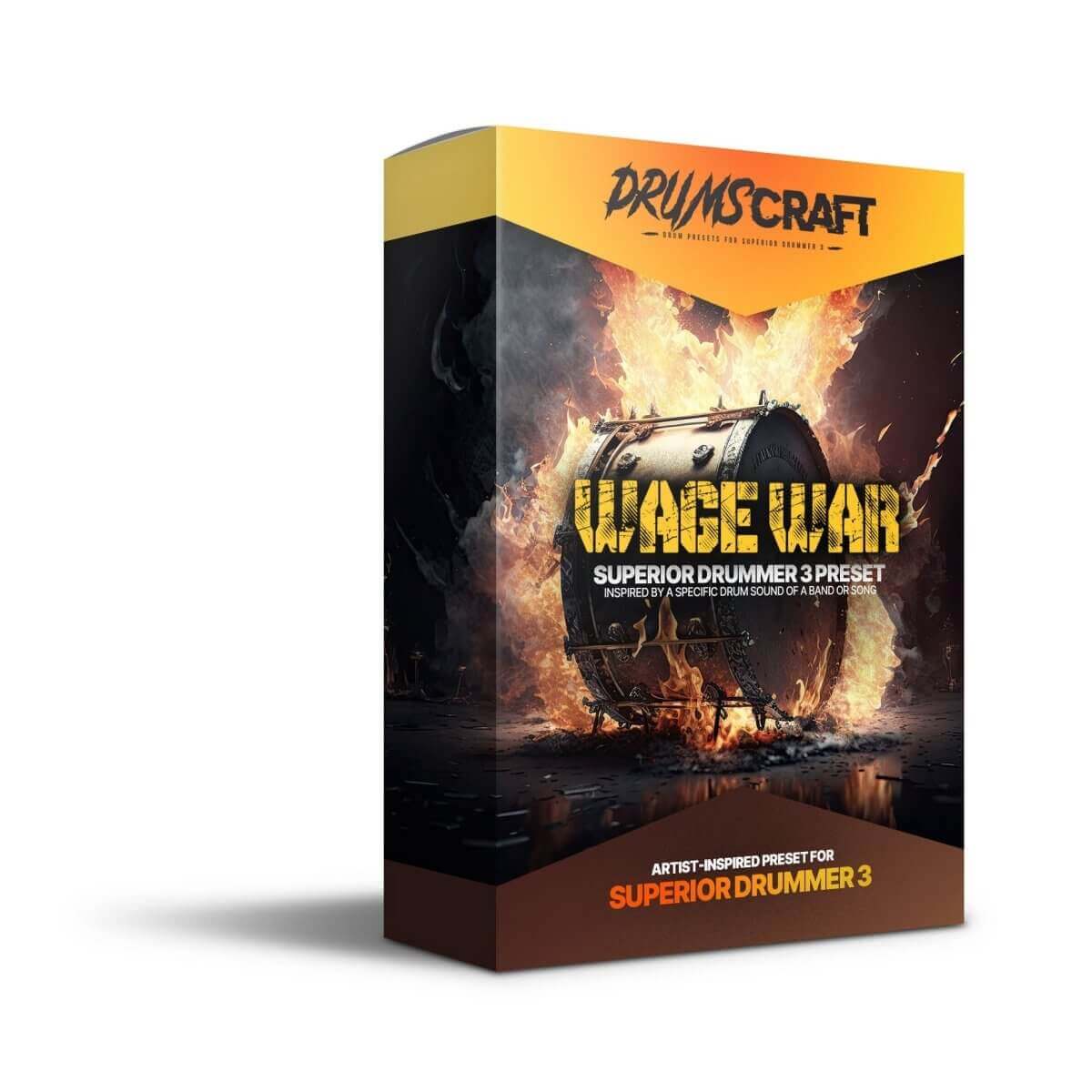 Wage War Kit Superior Drummer 3 preset box from DrumsCraft with fiery background