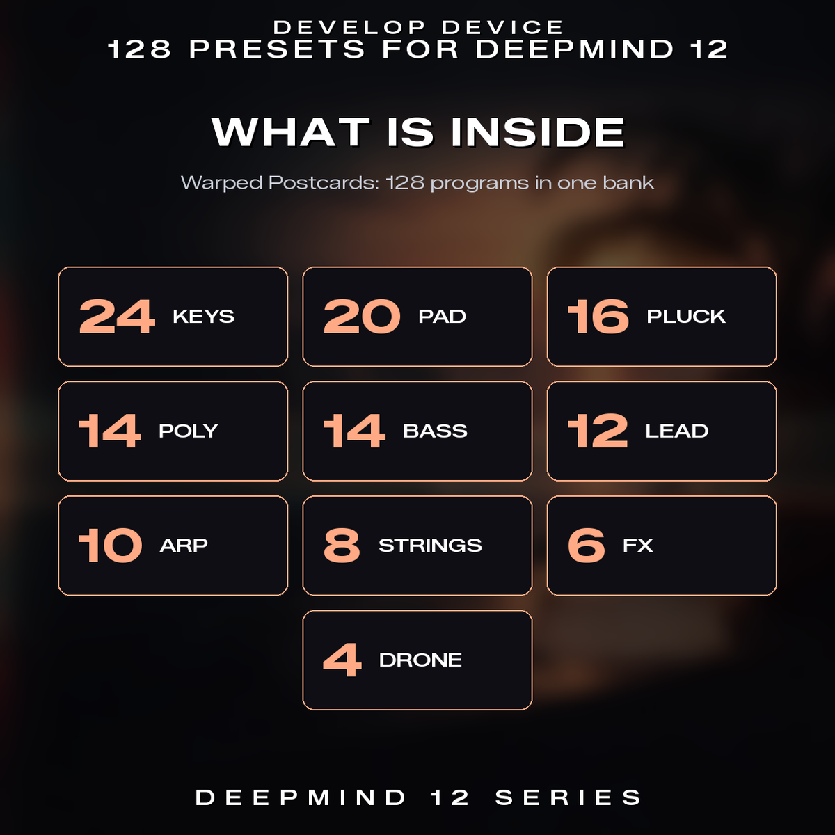 What is inside Warped Postcards: 24 keys, 20 pad, 16 pluck, 14 poly, 14 bass, 12 lead, 10 arp, 8 strings, 6 fx, 4 drone