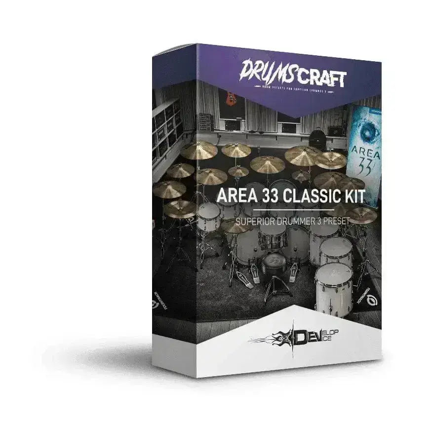 Box cover of Area 33 Classic Kit, a preset for Superior Drummer 3 designed for rock and metal drum sounds.