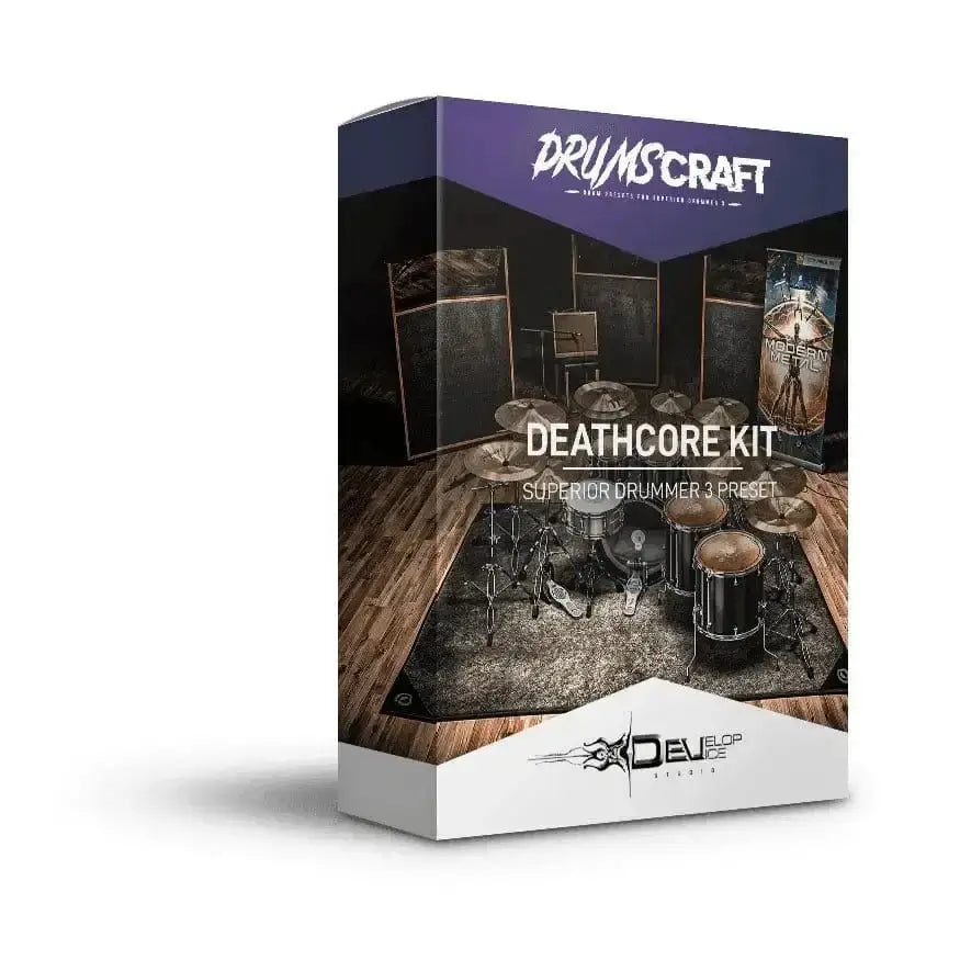 Deathcore Kit Superior Drummer 3 Preset box featuring rock and metal drum setup on hardwood floor in a dark studio.