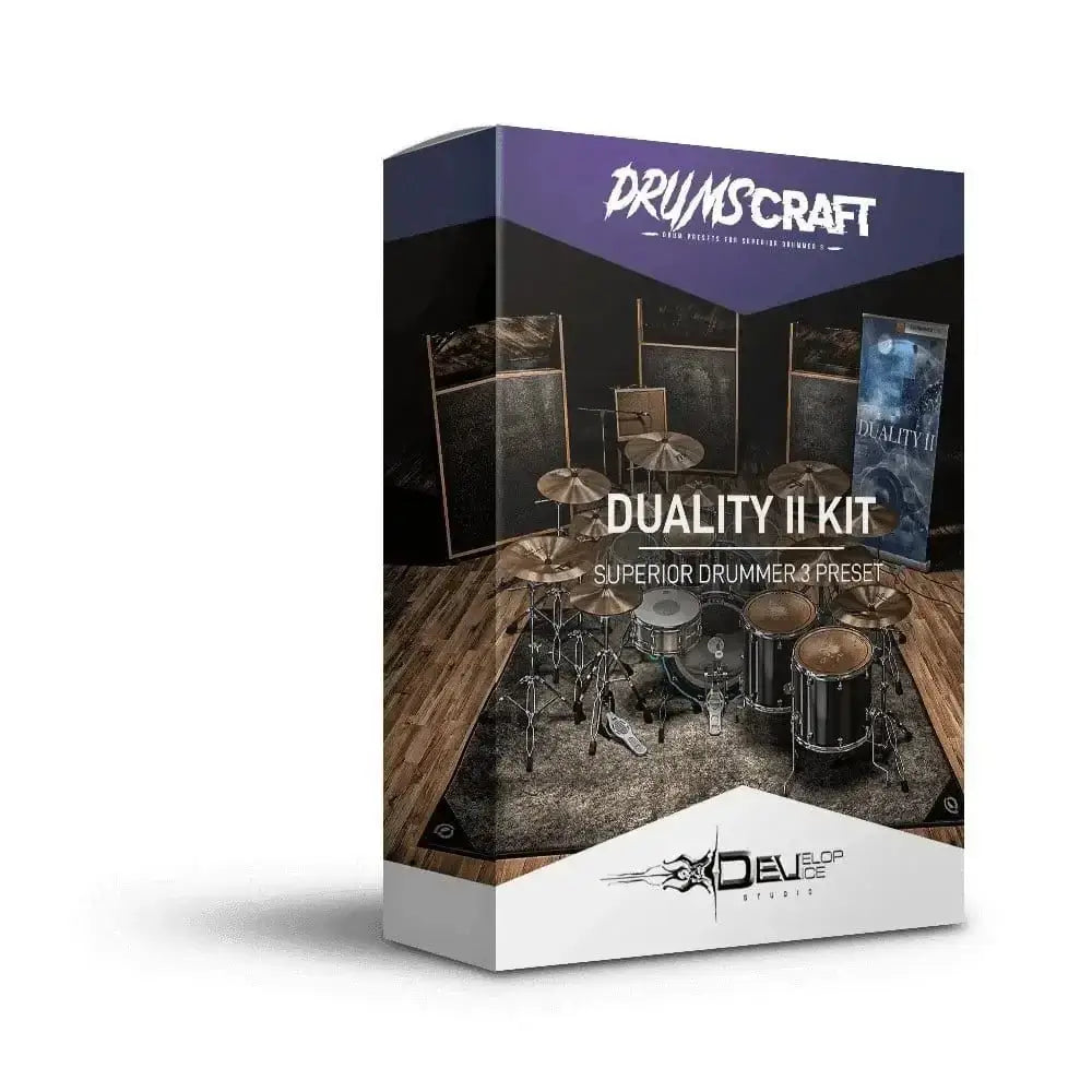 Duality II Kit box for Superior Drummer 3 presets featuring rock and metal drum sounds