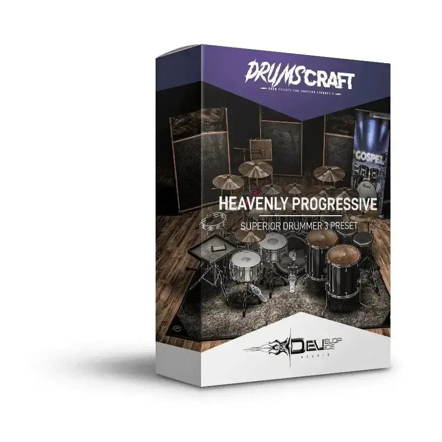 Heavenly Progressive Superior Drummer 3 Preset product box by Drums Craft for rock and metal music production.