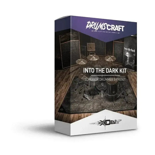 Into the Dark Kit product box for Superior Drummer 3 presets, featuring album-ready rock and metal drum sounds.