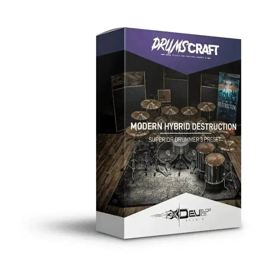 Modern Hybrid Destruction Superior Drummer 3 presets packaging with drum set illustration.