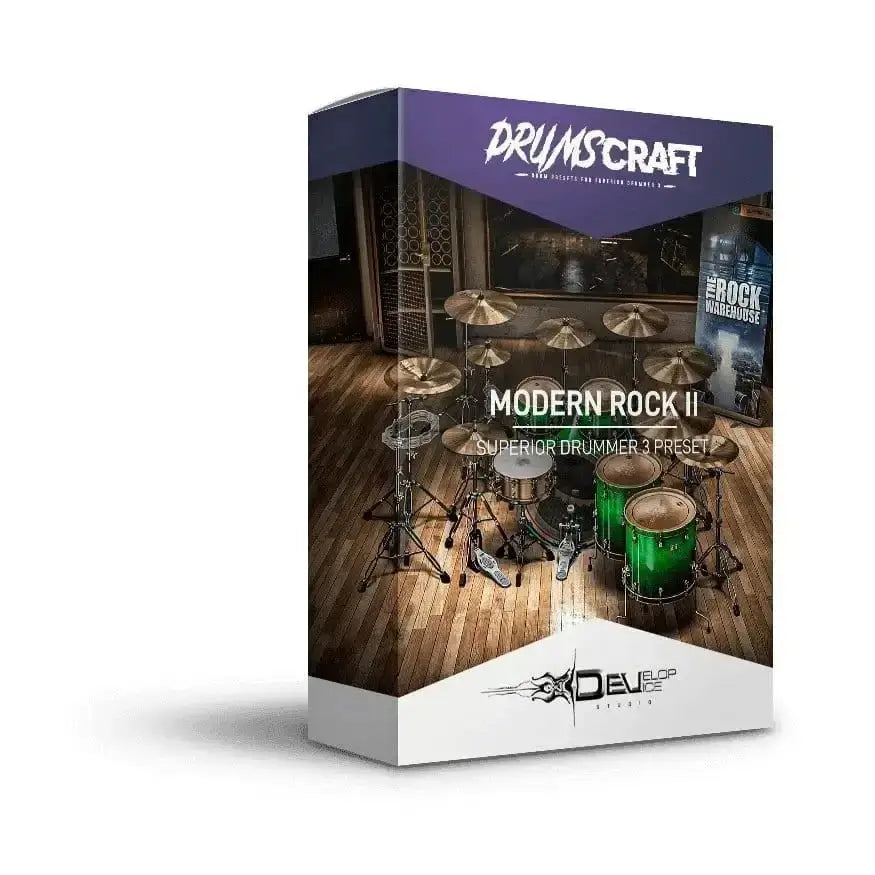 Modern Rock II Superior Drummer 3 preset box featuring drum set on wooden floor