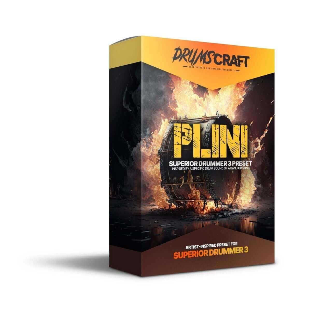 Plini Kit Superior Drummer 3 Preset Box for Fields of Rock SDX with fire and explosion background.