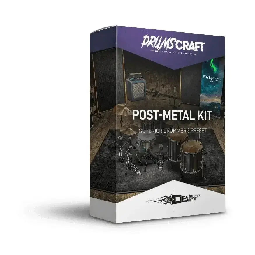 Box of Post-Metal Kit Superior Drummer 3 Preset by Drums Craft with drum set illustration