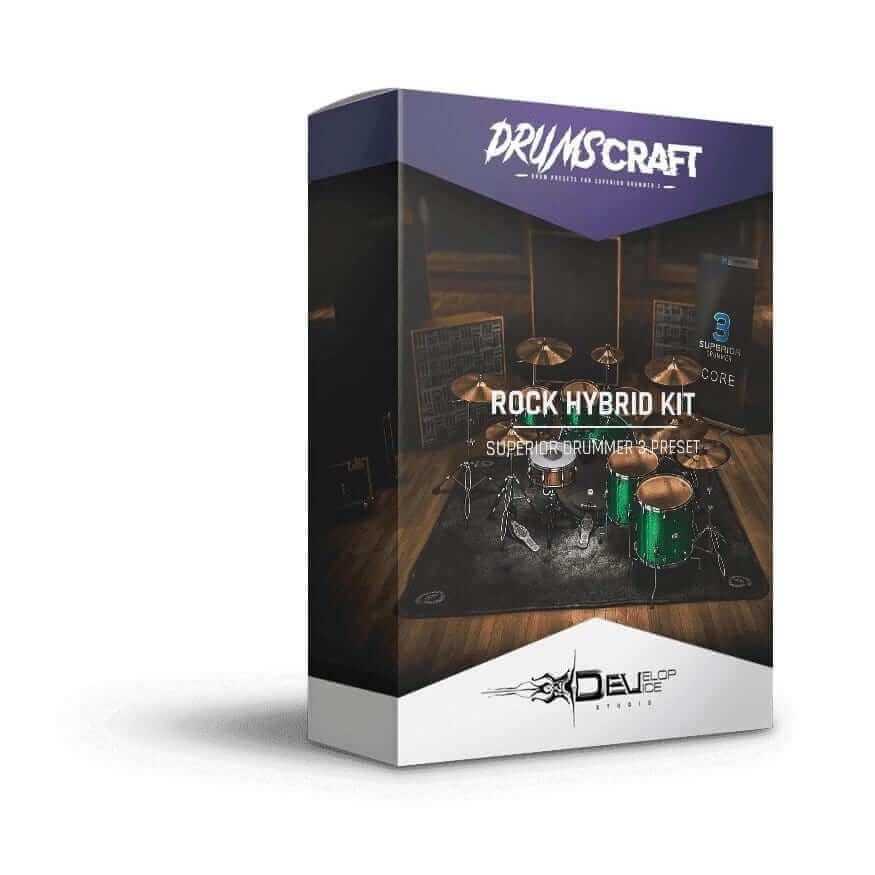 Rock Hybrid Kit packaging featuring drum set and Superior Drummer 3 presets.