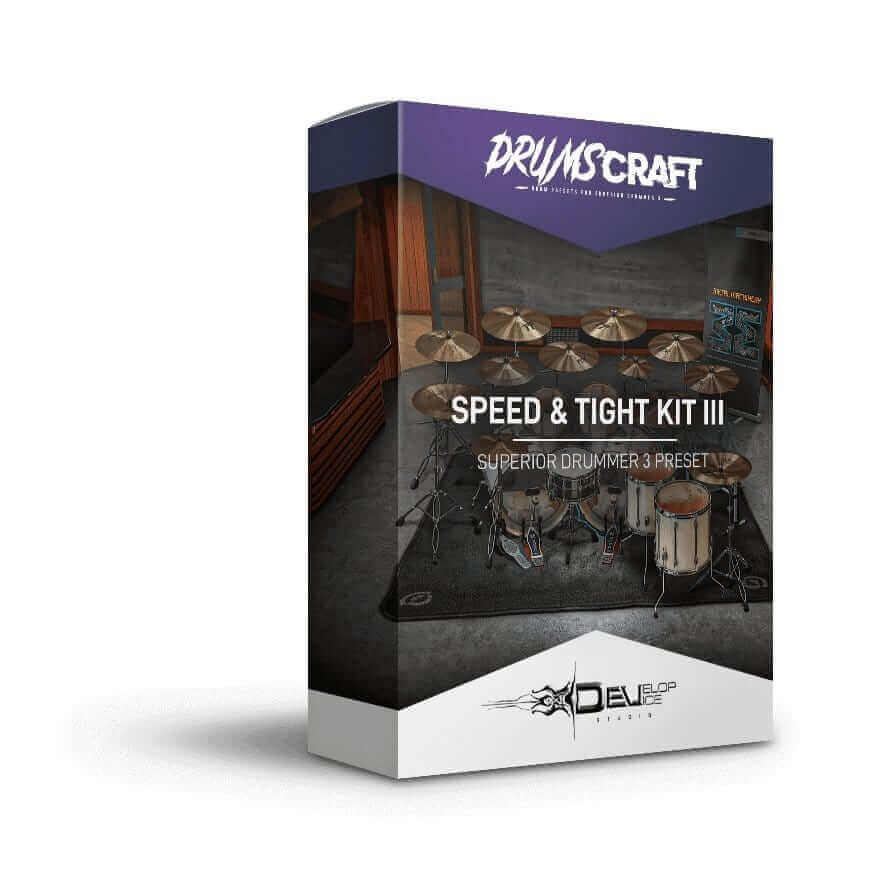 Speed & Tight Kit III packaging for Superior Drummer 3 presets in rock and metal music productions.