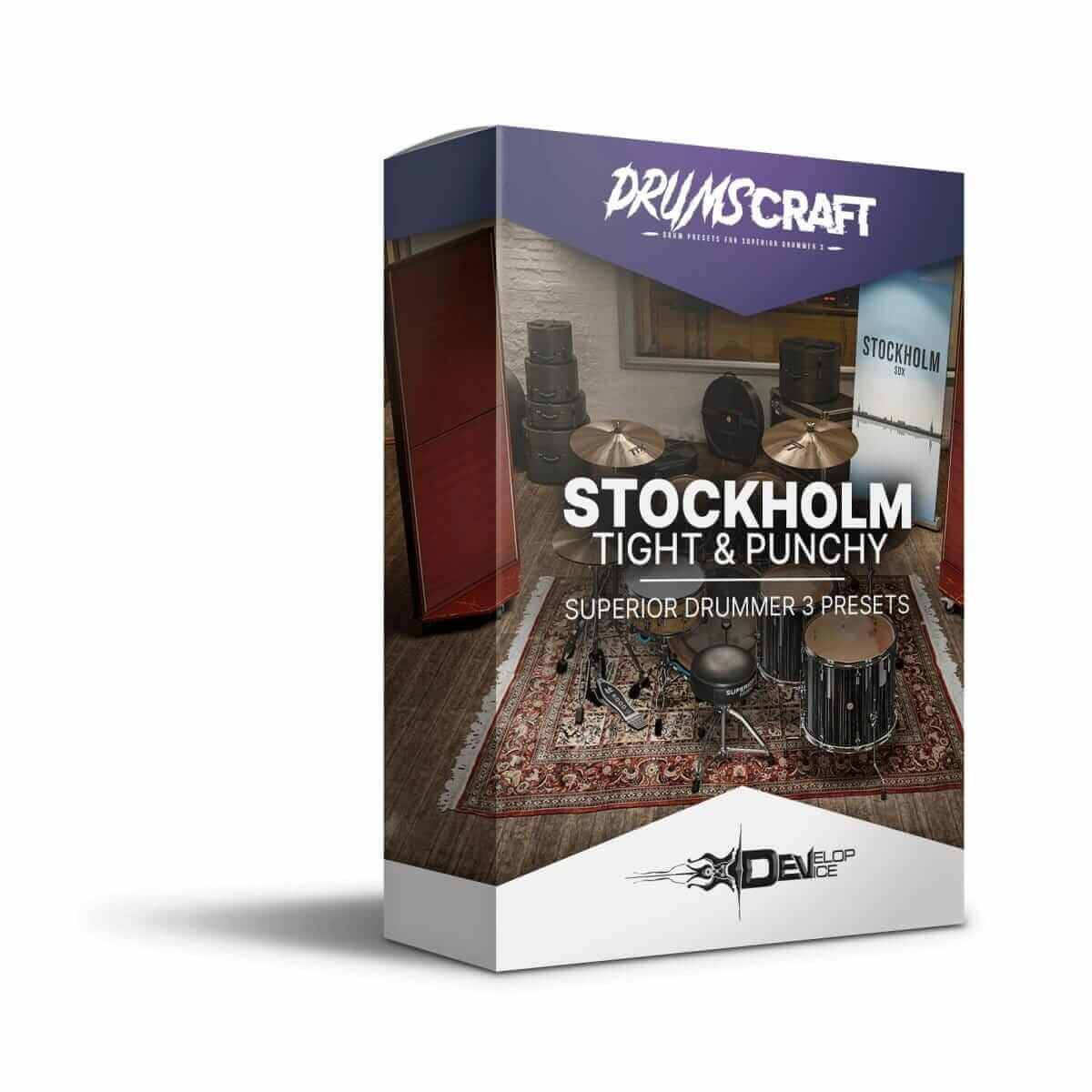 Box of Stockholm Tight & Punchy Superior Drummer 3 presets by Drumscraft with studio drum setup in background