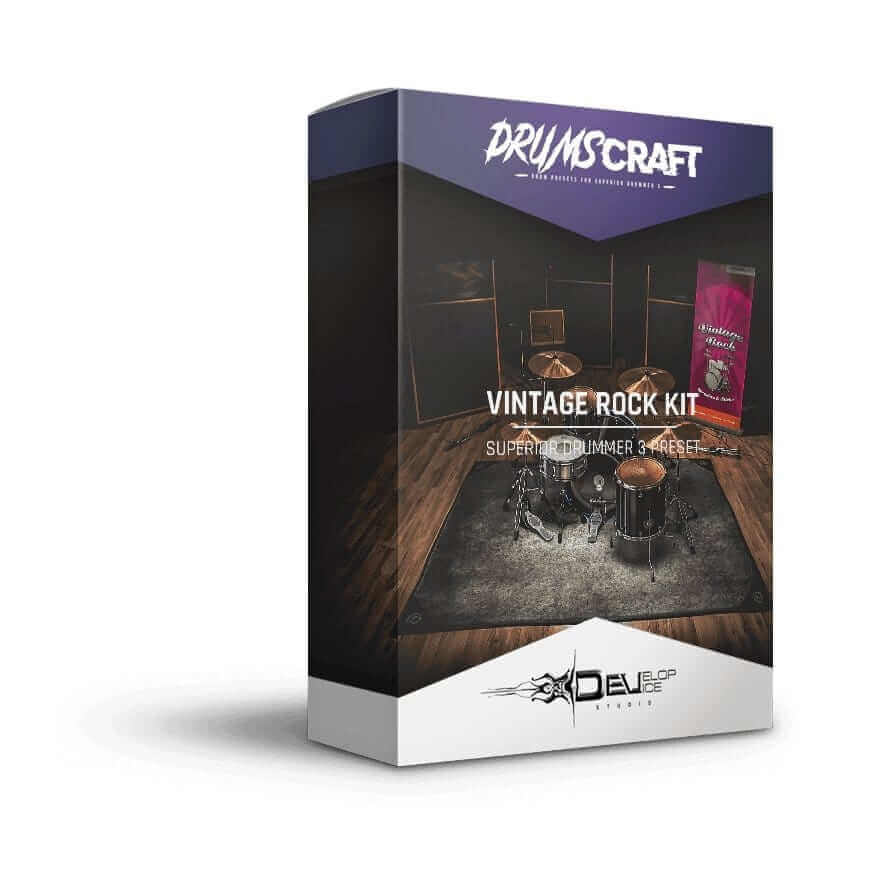Vintage Rock Kit for Superior Drummer 3 in box packaging, perfect for rock and metal producers seeking authentic vintage tones.
