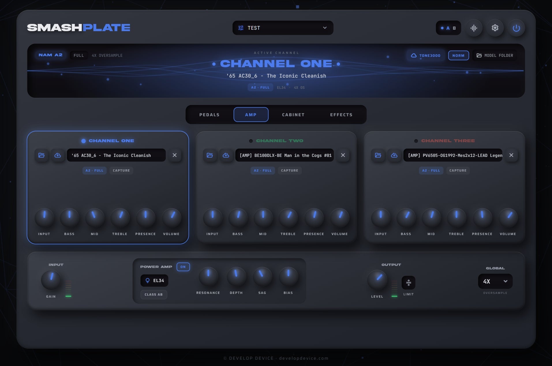 SMASHPLATE amp tab with three NAM A2 channels and power amp controls