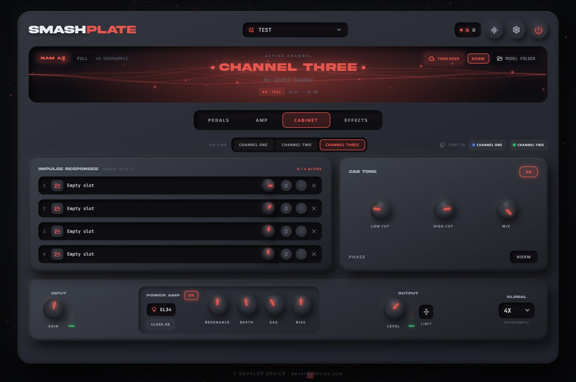 SMASHPLATE cabinet tab with four impulse response slots and cab tone controls