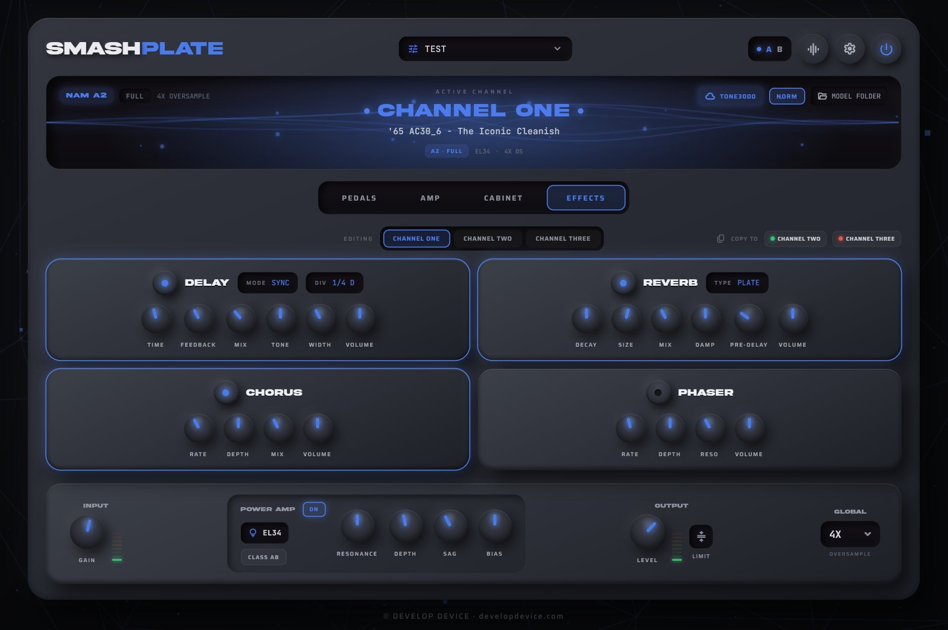 SMASHPLATE effects tab with delay, reverb, chorus and phaser