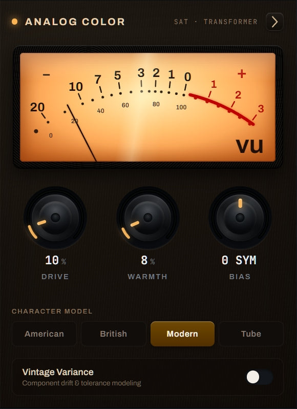 OBSIDIAN Analog Color panel with VU meter, drive, warmth, bias and character models