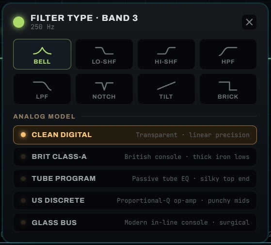 OBSIDIAN filter type and per-band analog model panel
