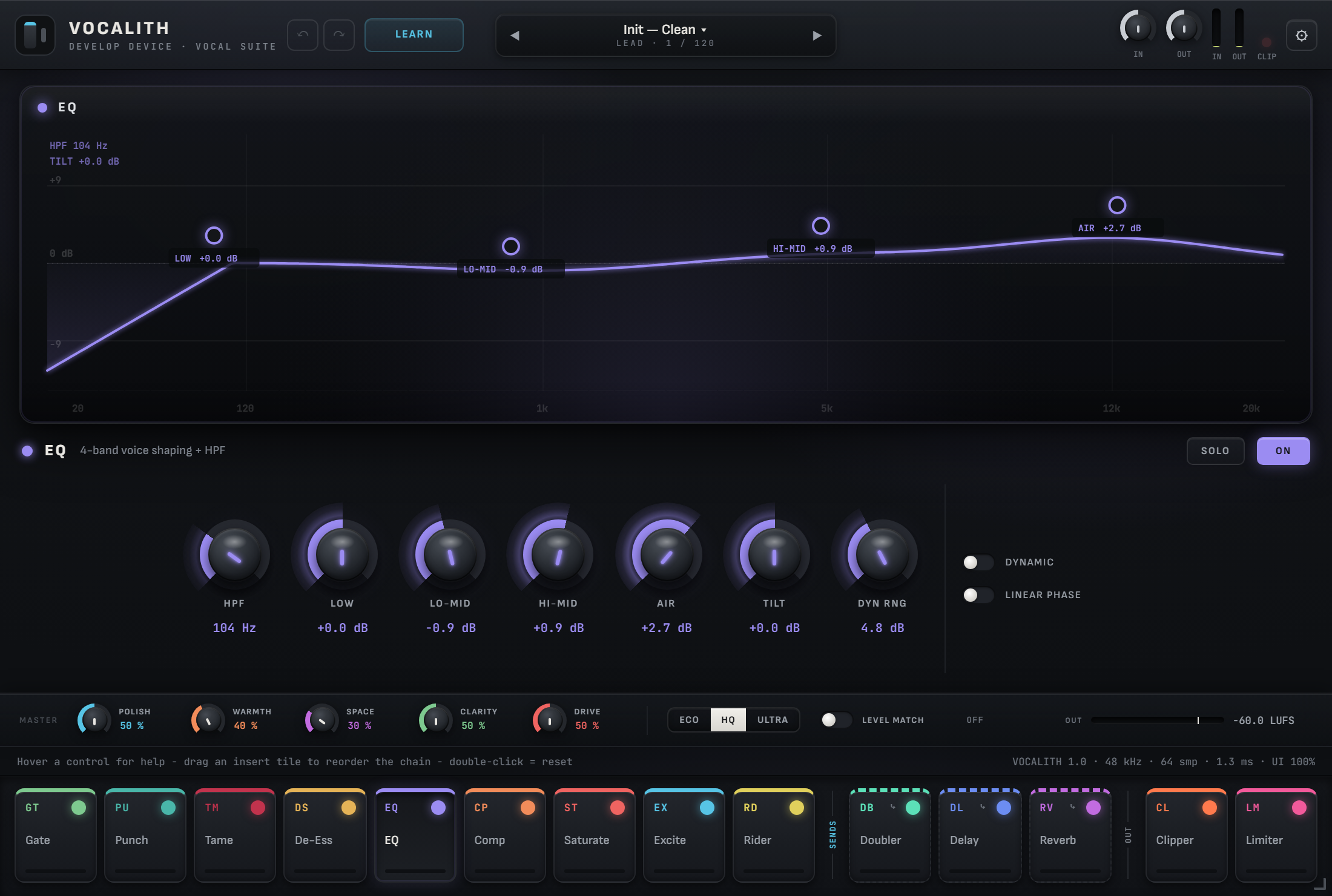 VOCALITH EQ module full interface with EQ curve, macro controls and complete module chain